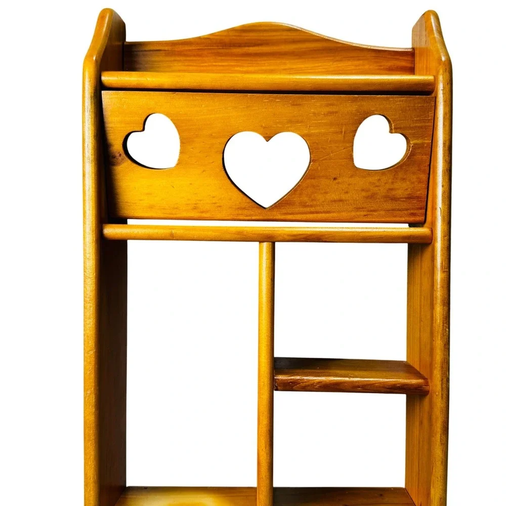 Vintage 80s Wood Wall Shelf Heart Cutout Curio Display 3 Pegs Cottagecore